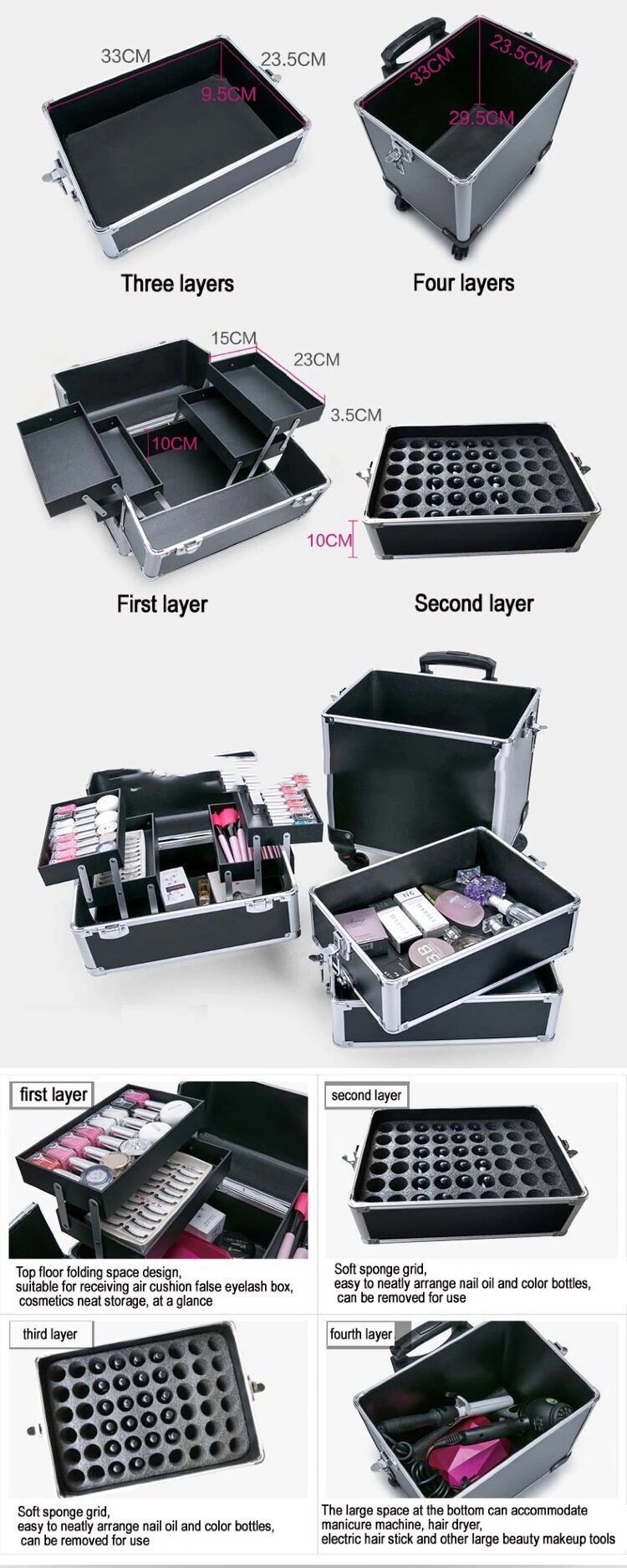 Professional Aluminum Cosmetic Box with Wheels Trolley Cosmetic Case