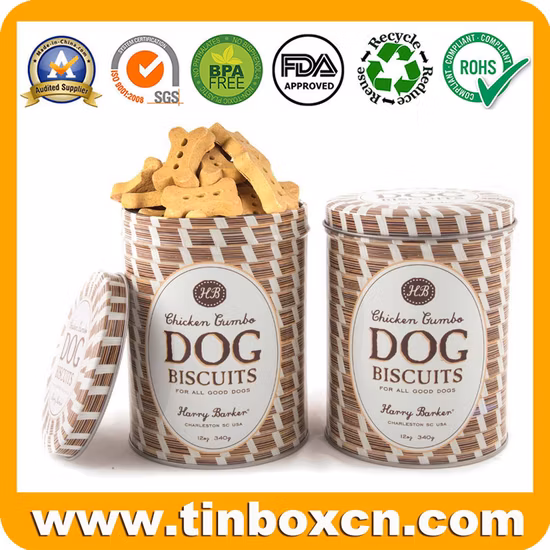 Lattine vuote rotonde per alimenti per animali domestici in metallo per biscotti per cani